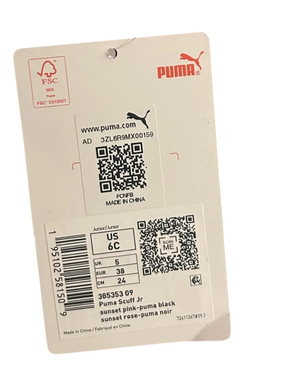 NWT Unisex Puma Scuff Junior + Slipper Size 6C Color Sunset Pink Puma Black